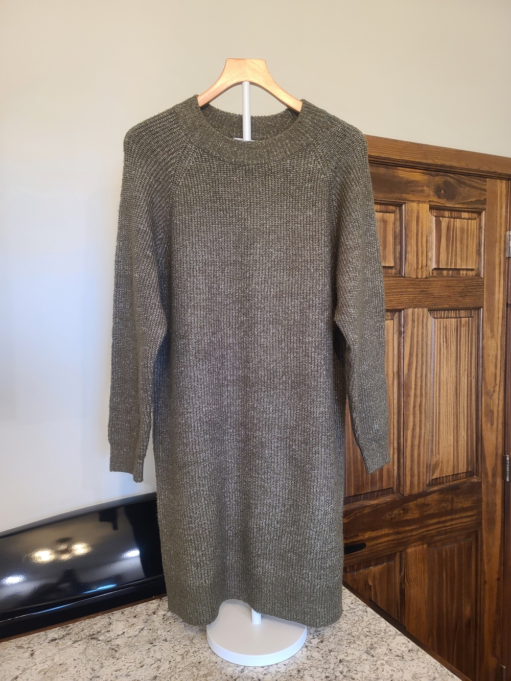 Knitted Olive Crew Neck Sweater Dress
